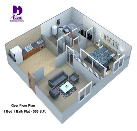 Floor plan for 1 bed, 1 bath, 563 sqft