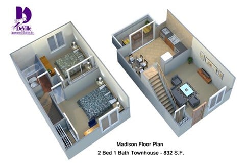 Floor plan for 2 beds, 1 bath, 832 sqft
