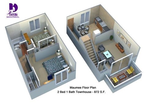 Floor plan for 2 beds, 1 bath, 872 sqft