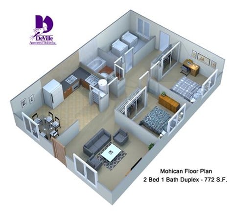Floor plan for 2 beds, 1 bath, 772 sqft