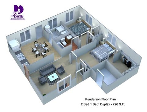 Floor plan for 2 beds, 1 bath, 726 sqft