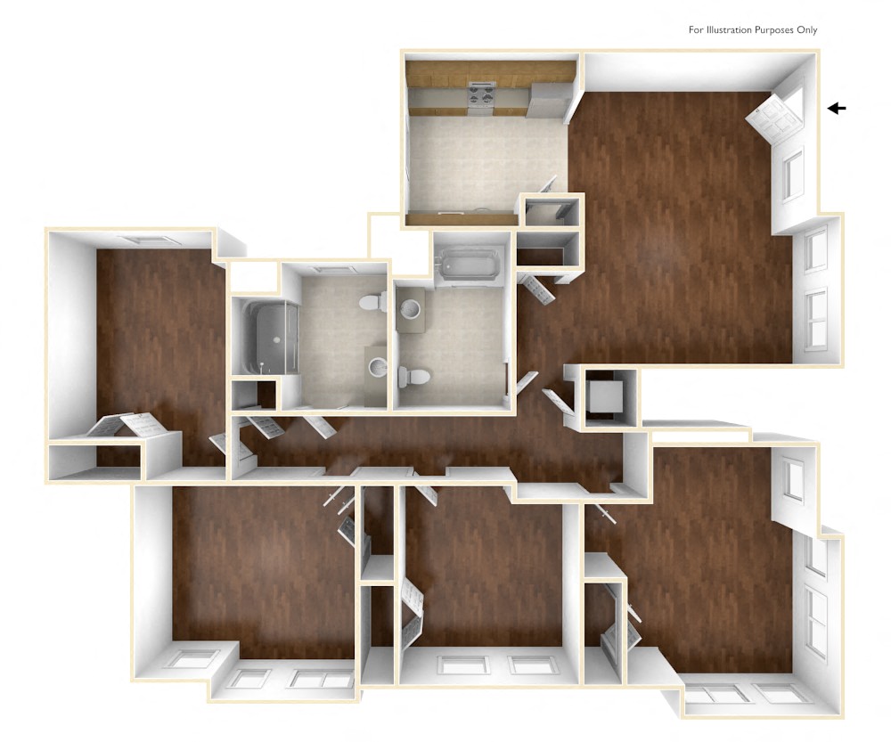 Floor plan for 4 beds, 2 baths