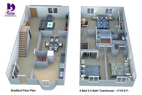 Floor plan for 3 beds, 2.5 baths, 1716 sqft