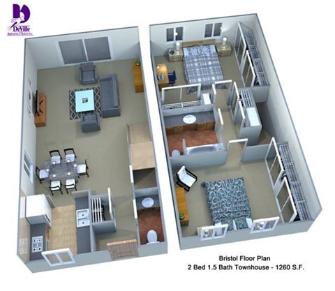 Floor plan for 2 beds, 1.5 baths, 1260 sqft