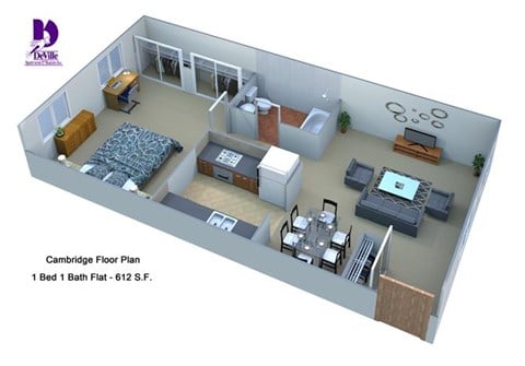 Floor plan for 1 bed, 1 bath, 612 sqft