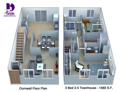Floor plan for 3 beds, 2.5 baths, 1560 sqft