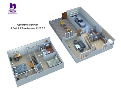Floor plan for 2 beds, 1.5 baths, 1120 sqft