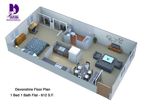 Floor plan for 1 bed, 1 bath, 612 sqft