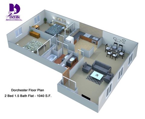 Floor plan for 2 beds, 1.5 baths, 1040 sqft