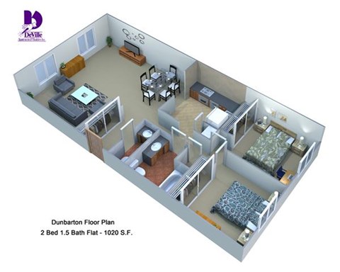 Floor plan for 2 beds, 1.5 baths, 1020 sqft