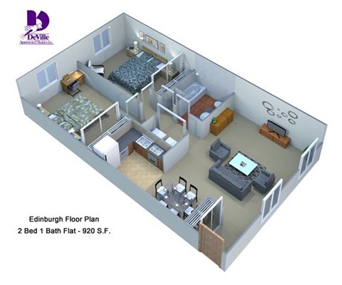 Floor plan for 2 beds, 1 bath, 920 sqft