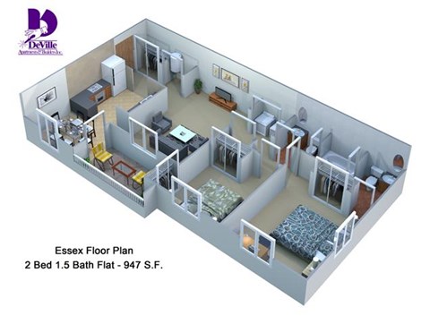 Floor plan for 2 beds, 1.5 baths, 947 sqft