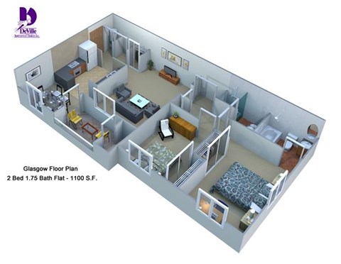 Floor plan for 2 beds, 2 baths, 1072 sqft