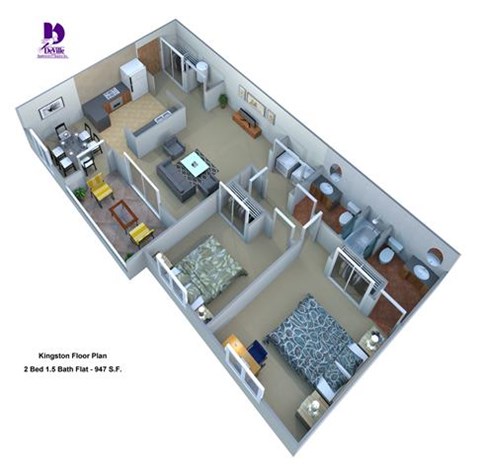 Floor plan for 2 beds, 1.5 baths, 947 sqft