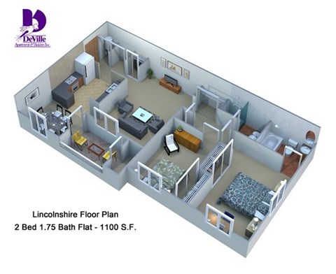 Floor plan for 2 beds, 2 baths, 1100 sqft