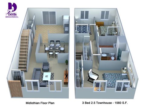 Floor plan for 3 beds, 2.5 baths, 1560 sqft