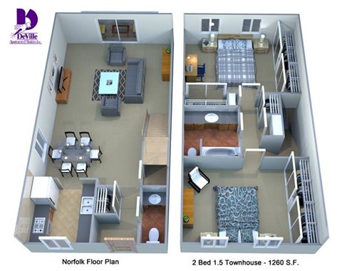 Floor plan for 2 beds, 1.5 baths, 1260 sqft