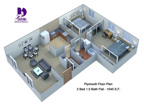 Floor plan for 2 beds, 1.5 baths, 1040 sqft
