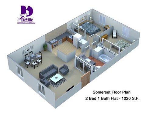 Floor plan for 2 beds, 1 bath, 1020 sqft