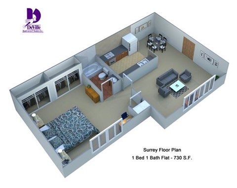 Floor plan for 1 bed, 1 bath, 730 sqft