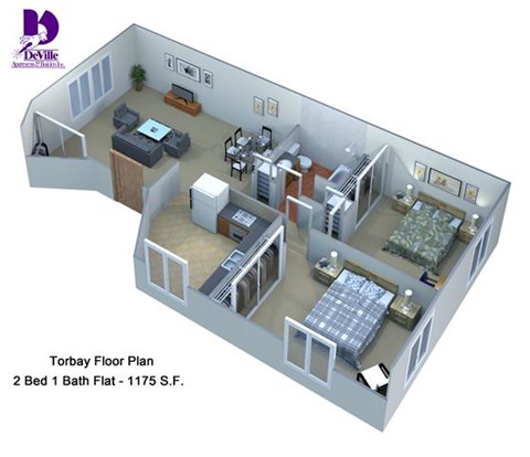 Floor plan for 2 beds, 1 bath, 1175 sqft