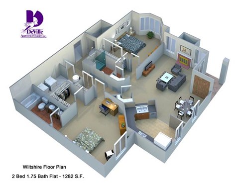 Floor plan for 2 beds, 2 baths, 1282 sqft