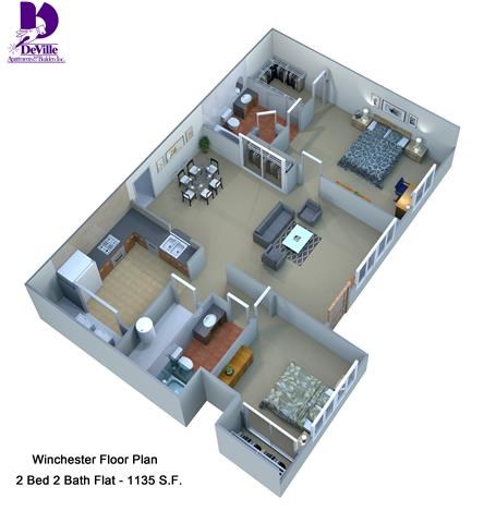Floor plan for 2 beds, 2 baths, 1135 sqft