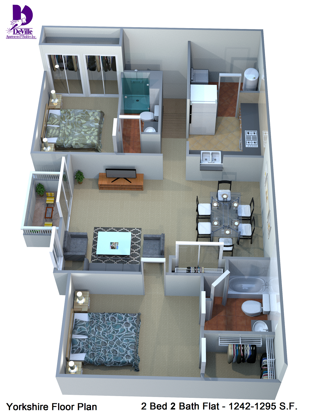 Floor plan for 2 beds, 2 baths, 1295 sqft