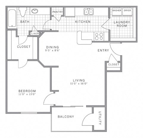 Floor plan for 1 bed, 1 bath, 773 sqft