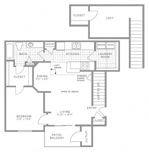 Floor plan for 1 bed, 1 bath, 929 sqft