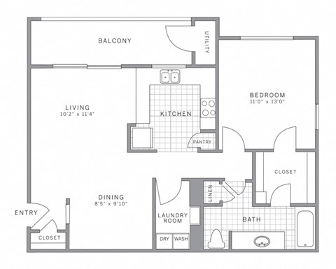 Floor plan for 1 bed, 1 bath, 794 sqft