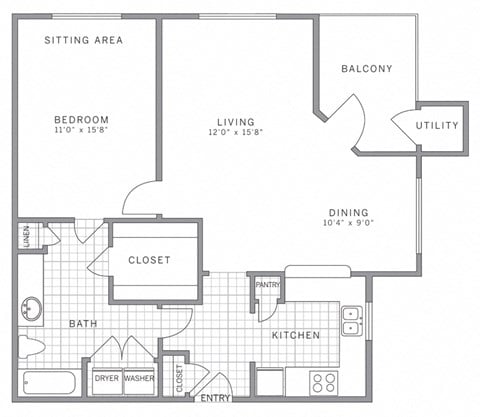 Floor plan for 1 bed, 1 bath, 861 sqft