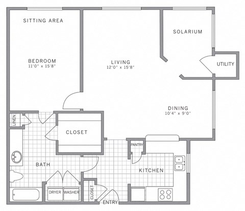 Floor plan for 1 bed, 1 bath, 959 sqft