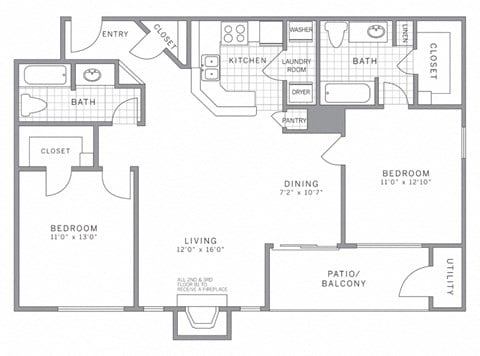 Floor plan for 2 beds, 2 baths, 1056 sqft