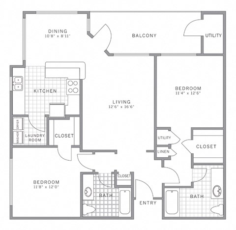 Floor plan for 2 beds, 2 baths, 1123 sqft