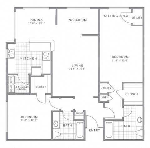 Floor plan for 2 beds, 2 baths, 1277 sqft