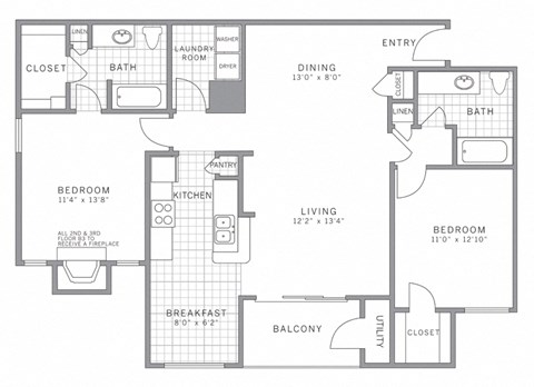 Floor plan for 2 beds, 2 baths, 1190 sqft