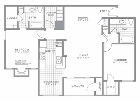 Floor plan for 2 beds, 2 baths, 1190 sqft