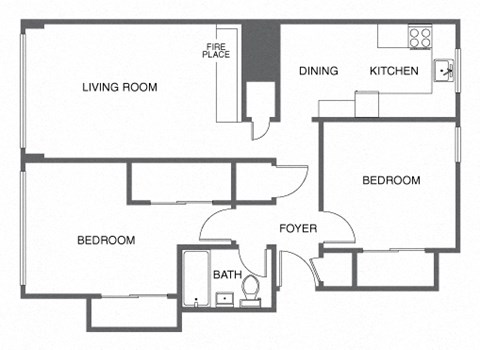 Floor plan for 2 beds, 1 bath