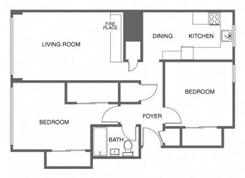 Floor plan for 2 beds, 1 bath