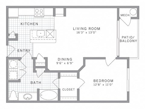 Floor plan for 1 bed, 1 bath, 788 sqft