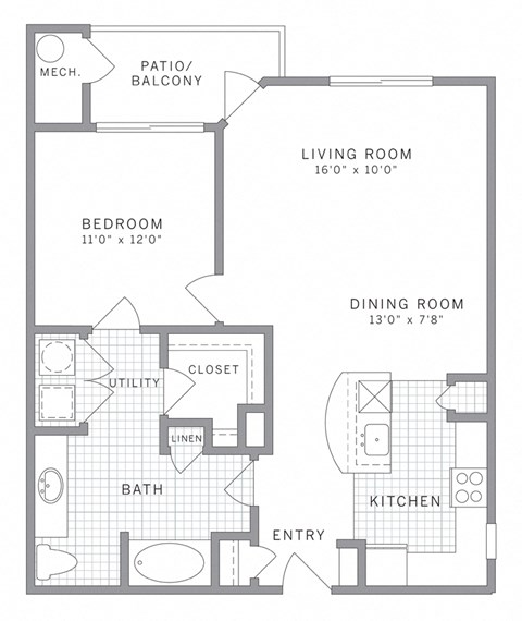 Floor plan for 1 bed, 1 bath, 827 sqft