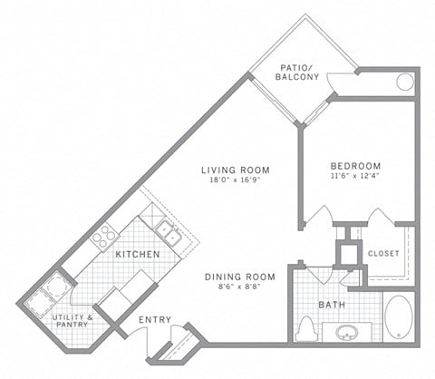 Floor plan for 1 bed, 1 bath, 814 sqft