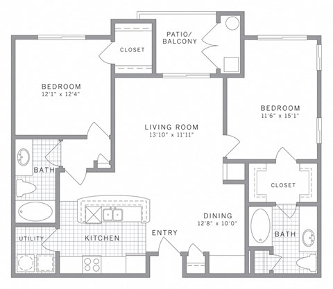 Floor plan for 2 beds, 2 baths, 1239 sqft