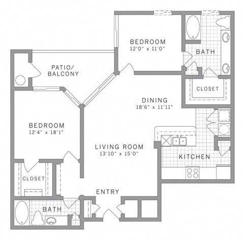 Floor plan for 2 beds, 2 baths, 1232 sqft