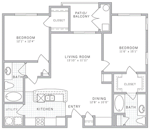 Floor plan for 2 beds, 2 baths, 1303 sqft