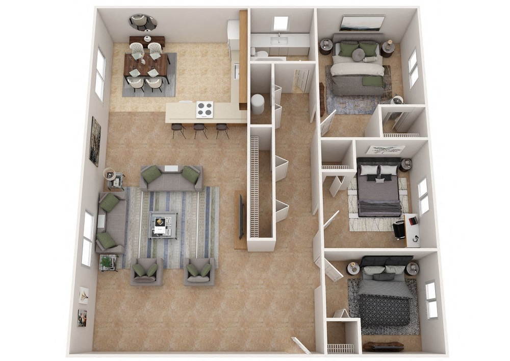 Floor plan for 3 beds, 1 bath, 1050 sqft