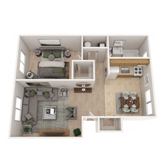 Floor plan for 1 bed, 1 bath, 660 sqft