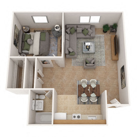 Floor plan for 1 bed, 1 bath, 460 sqft
