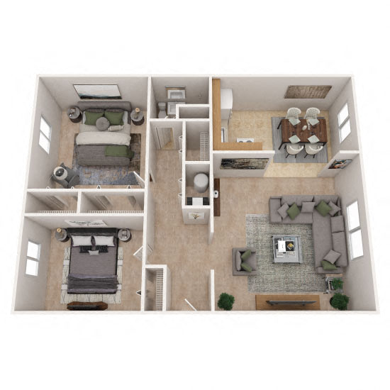 Floor plan for 2 beds, 1 bath, 930 sqft
